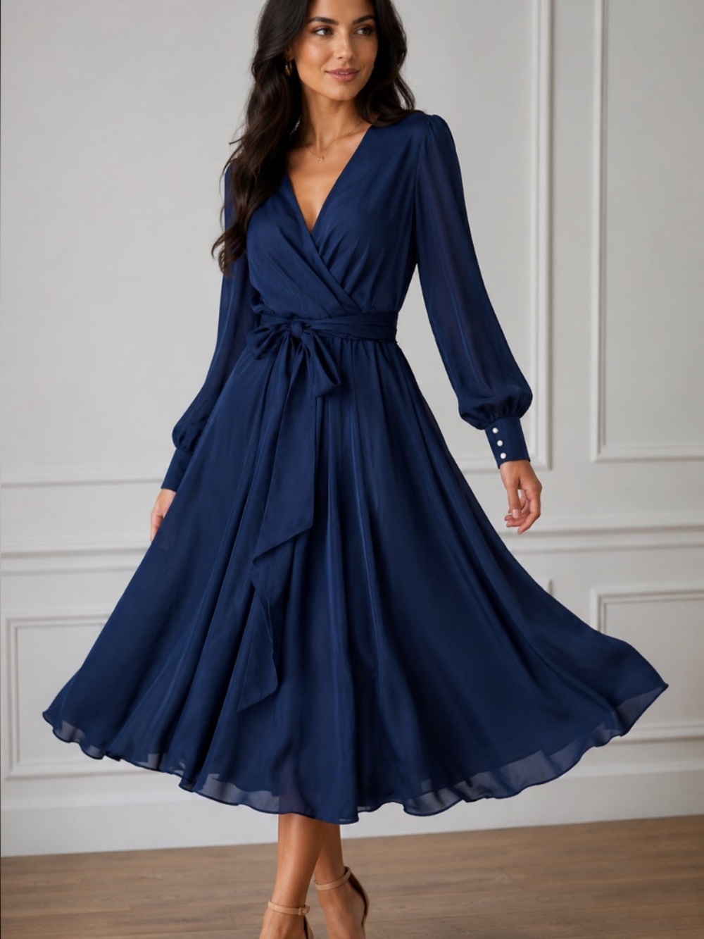 Meghan LA LilyPad Maxi Wrap Dress Navy Blue Womens size L